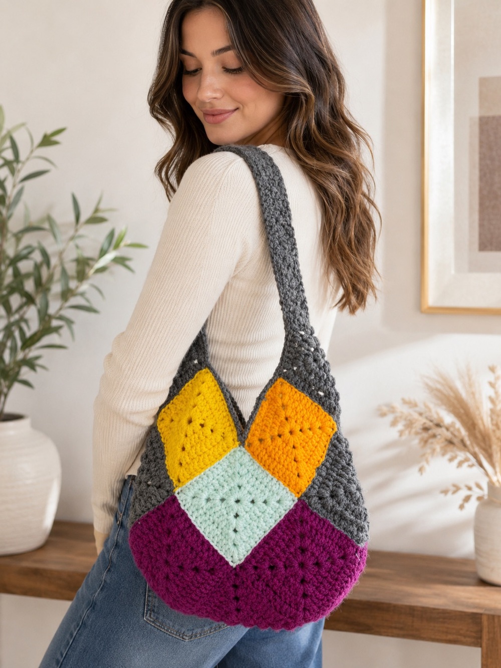 Plum Orchard Tote | Handmade Crochet Granny Square Shoulder Bag | One of a Kind